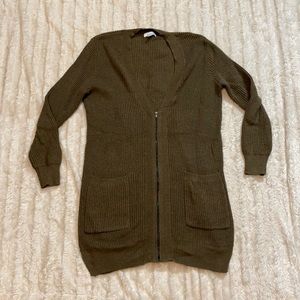 Army green cardigan size medium front pockets zip up  long sleeve sweater